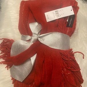 New York & Company red gloves/ scarf with gold designs in scarf